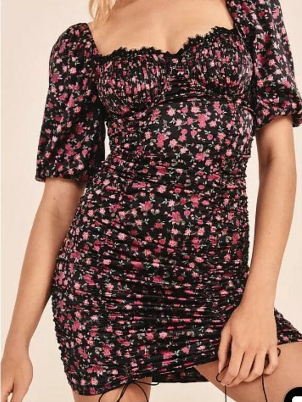 For Love & Lemons Black Dress with Red and Pink Floral Print